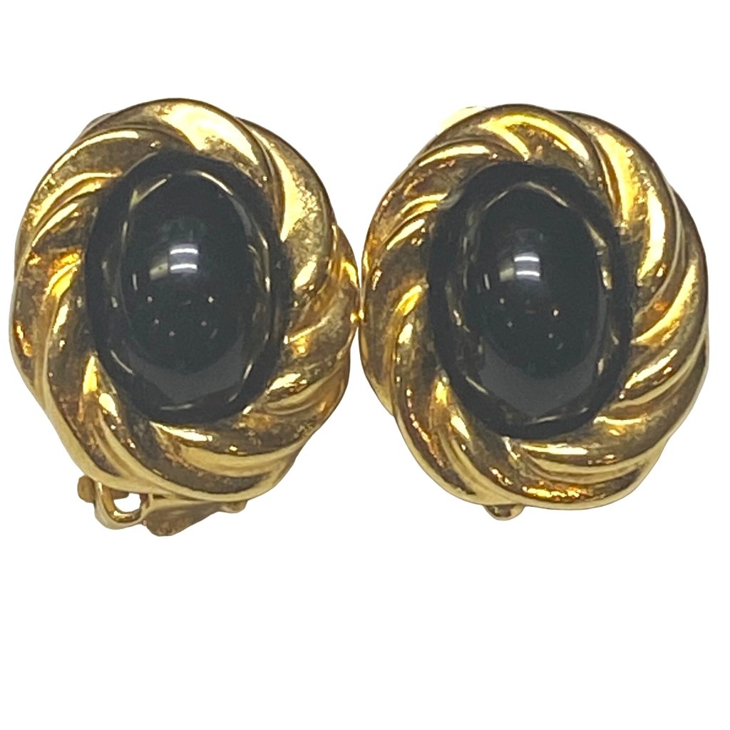 Kjl For Avon Vintage Earrings Clip On Gold Tone Black Cabochon Twisted Edge